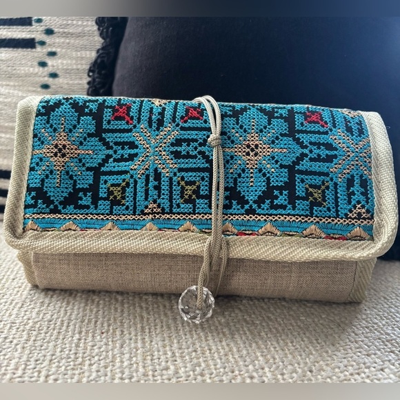 Handbags - Embroidered Multipurpose Clutch Bag - Blue and Tan